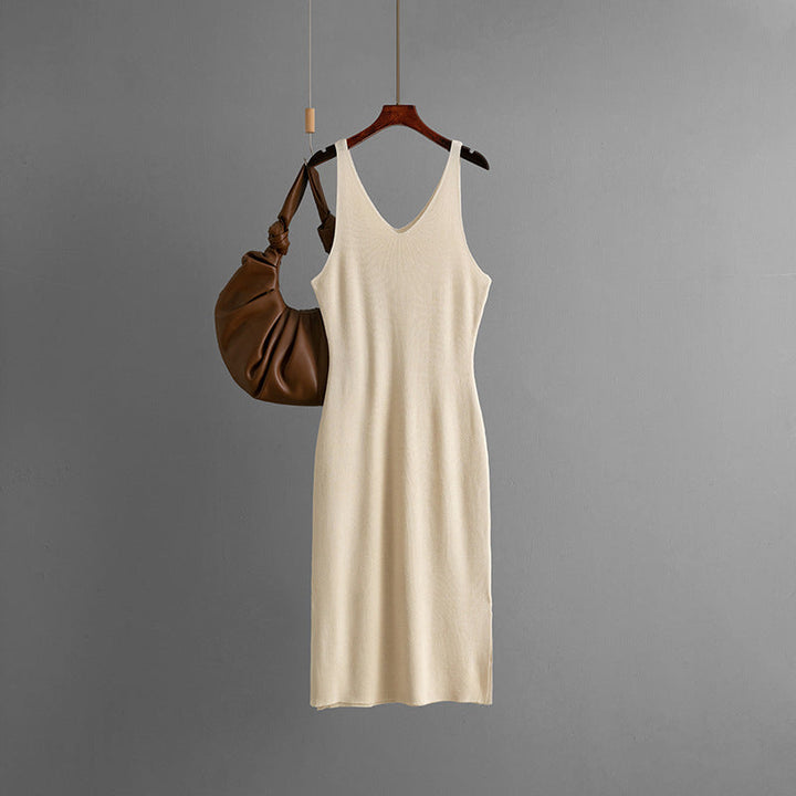 Women Clothing Summer Thin with Shoulder Straps Dress V neck Sleeveless Vest Dress Slit Hemline at Hem Underwear Knitted Dress