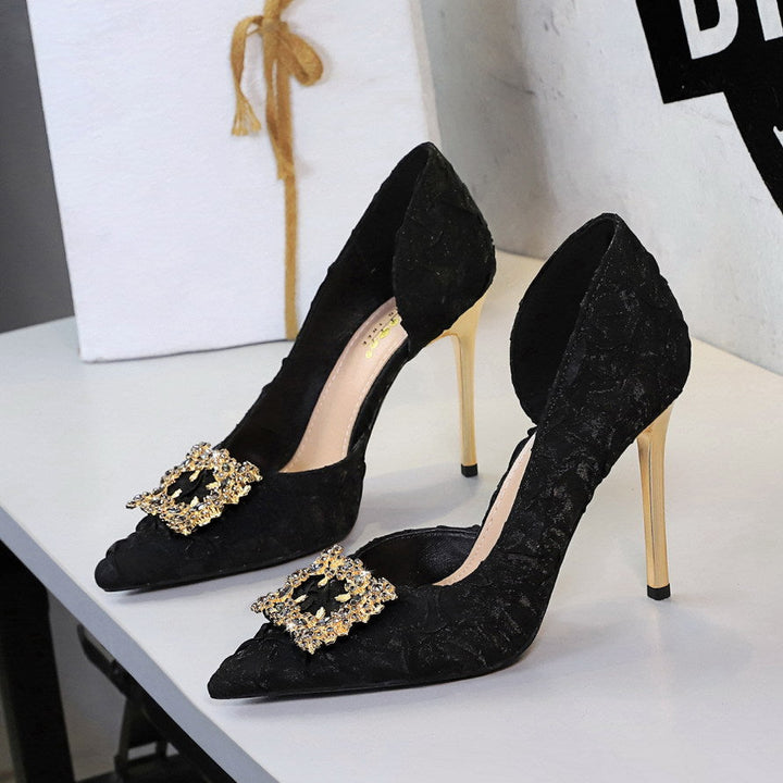 French Rhinestone Square Buckle Side Hollow Out Cutout Slip on Super High Heel Satin Gentle Elegant Stiletto Wedding Shoes