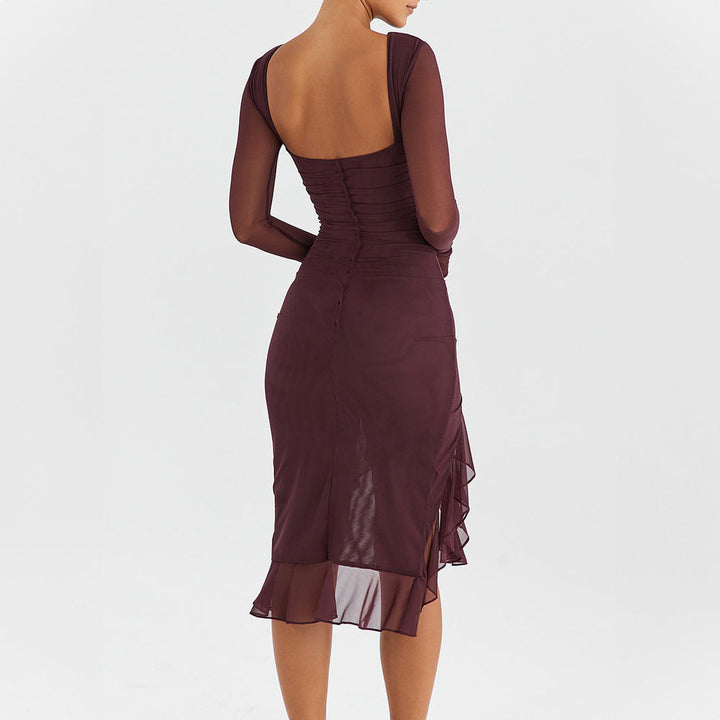 Women Clothing Summer Mesh Long Sleeve Backless Slit Ruffled Dress