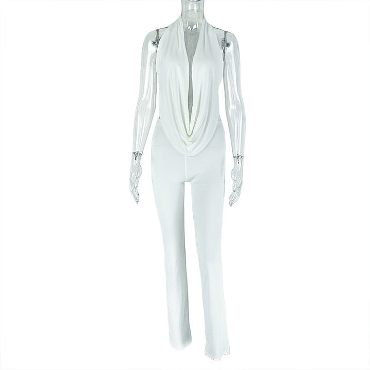 Halter Swing Collar Solid Color Commuting Pants Set Backless Lace up Top Tight Trousers Two Piece Set