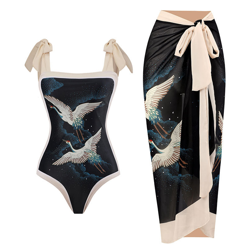 Retro Swimsuit Conservative One Piece Spring Swimsuit Suit Women Chiffon Blouse