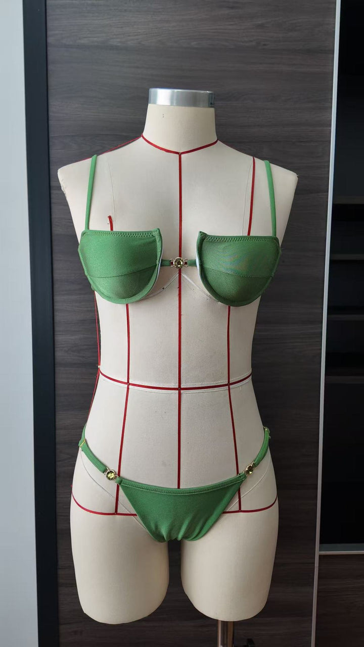 Solid Color Hard Cup Banded Bikini Women with Diamond Sexy Split Swimsuit