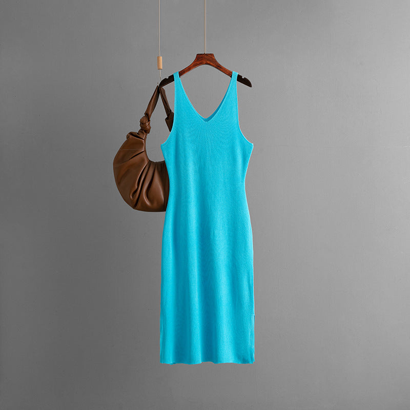 Women Clothing Summer Thin with Shoulder Straps Dress V neck Sleeveless Vest Dress Slit Hemline at Hem Underwear Knitted Dress