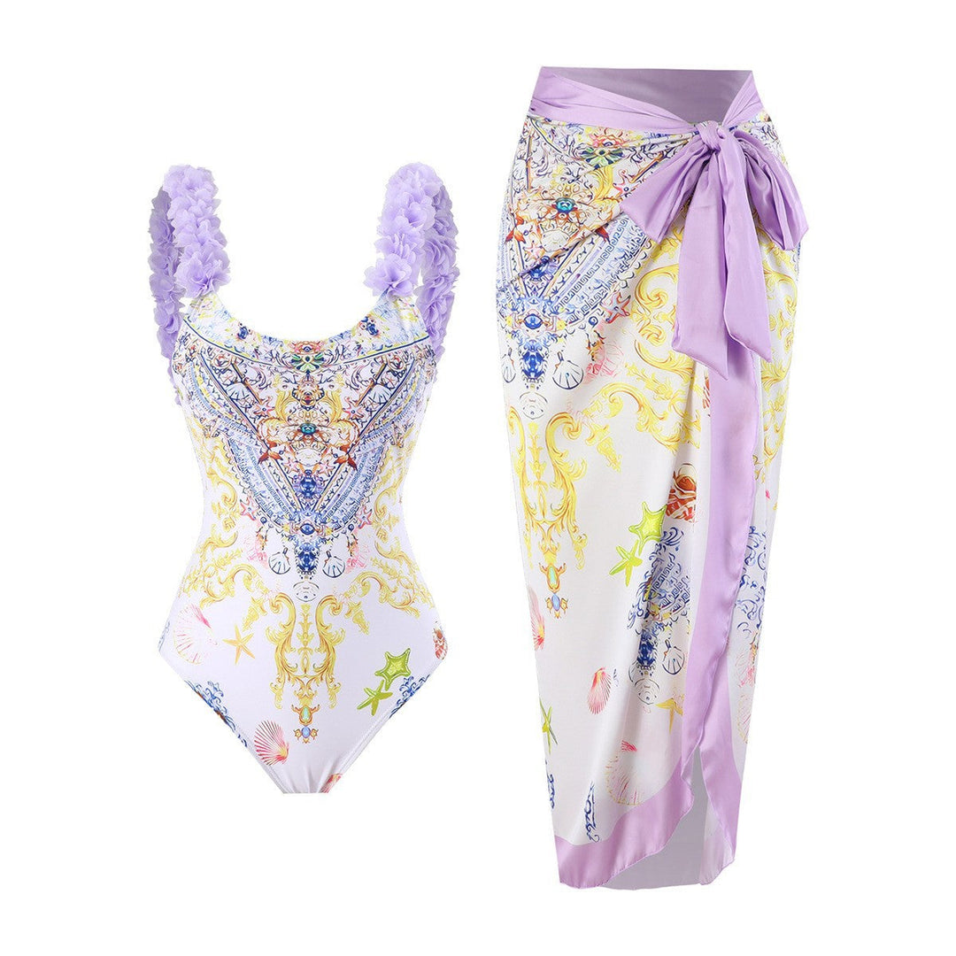 One Piece Printed Skirt Conservative Swimwear Two Piece Women Swimsuit