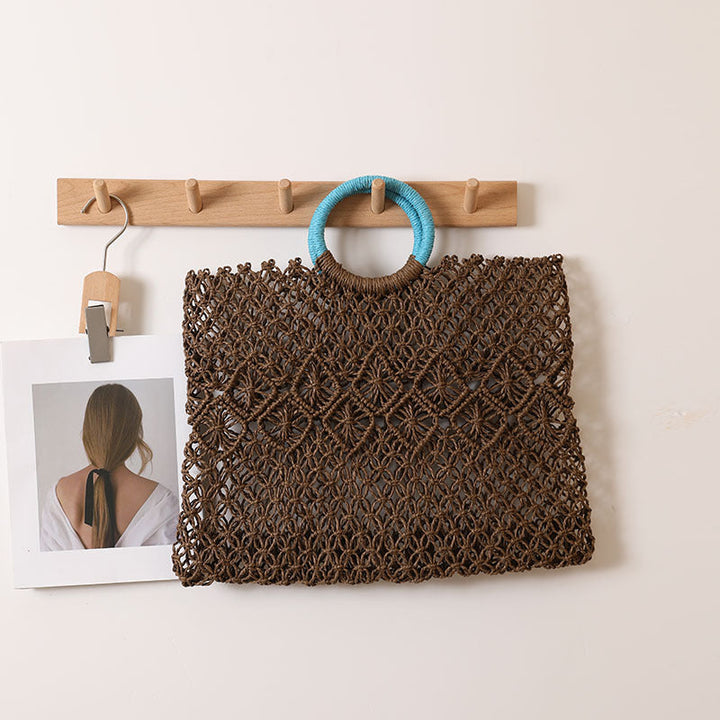 Round Handle Portable Square Straw Bag Summer Hollow Out Cutout Pattern Straw Bag Woven Bag Women Seaside Vacation Beach Bag