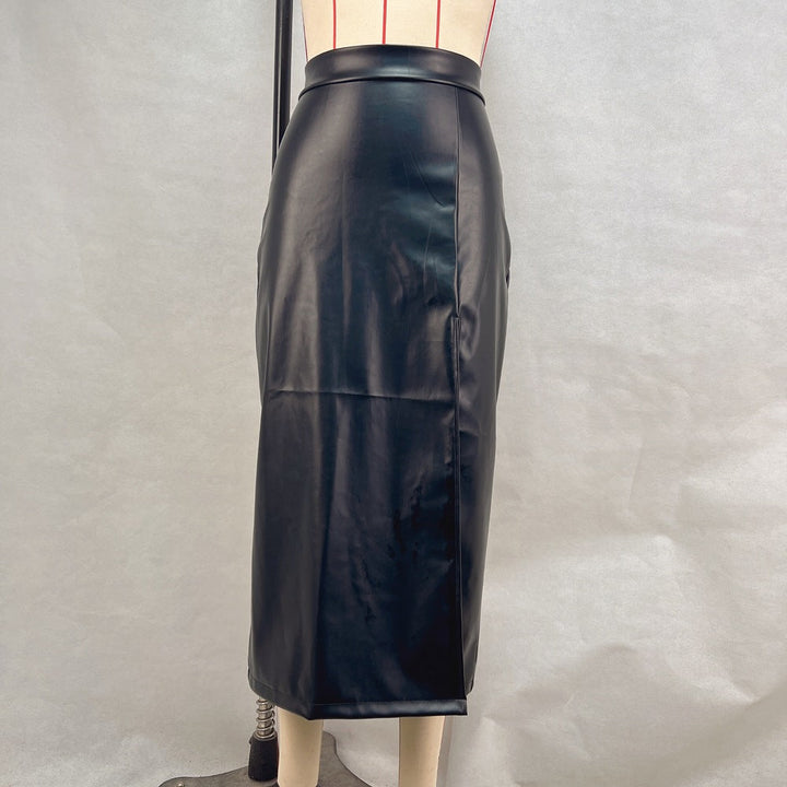 Leather Split Skirt Women Clothing High Waist Figure Flattering Sheath Leather Skirt Solid Color Skirt