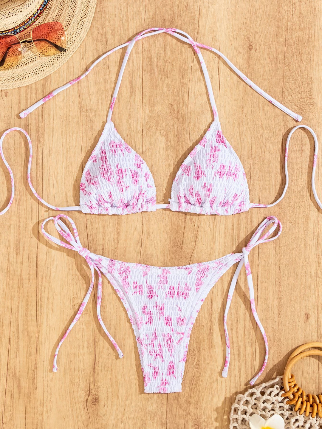 Bikini Printing Smocking Leopard Print Triangle Cup Sexy Split Bikini Swimsuit for Women