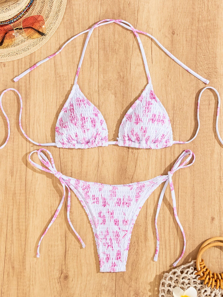 Bikini Printing Smocking Leopard Print Triangle Cup Sexy Split Bikini Swimsuit for Women