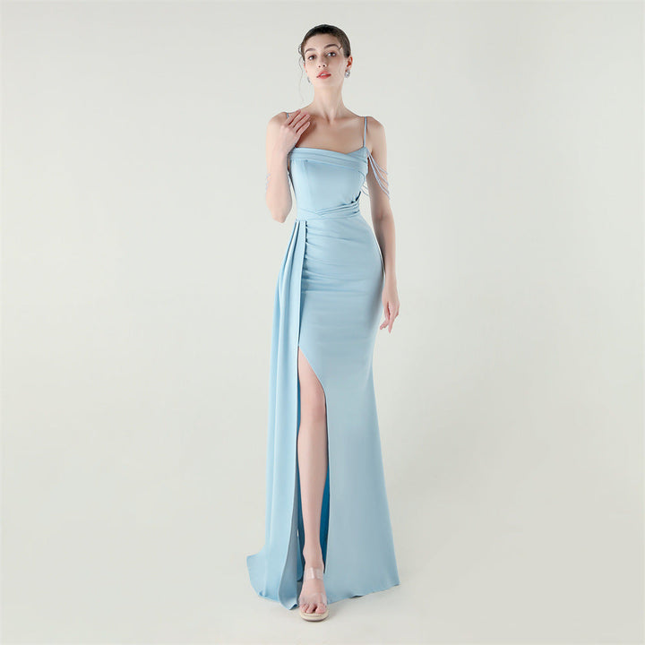 Bandeau Sling Satin Craft Beaded Chain Fishtail Evening Dress Dinner Wedding Ball