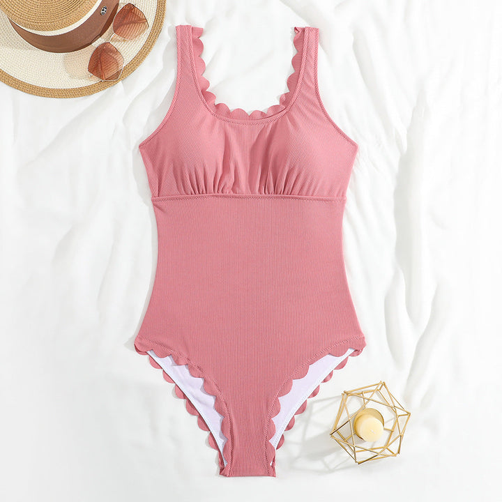Cut Floral Conservative Solid Color One Piece Swimsuit Women Bikini Swimsuit