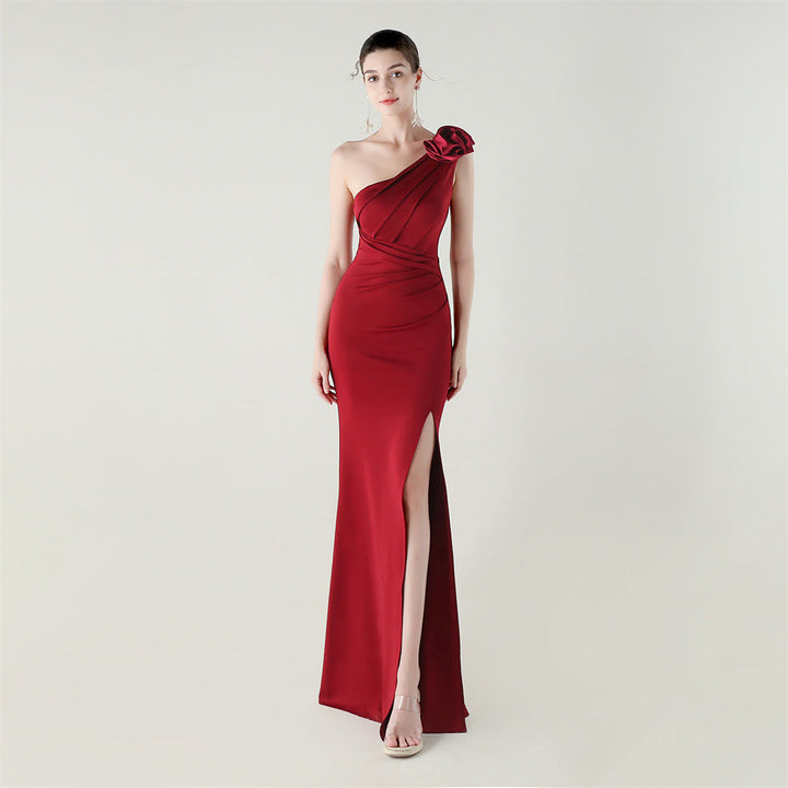 One Shoulder Three Dimensional Floral Satin Folding High Slit Sexy Evening Dress Dinner Wedding Social