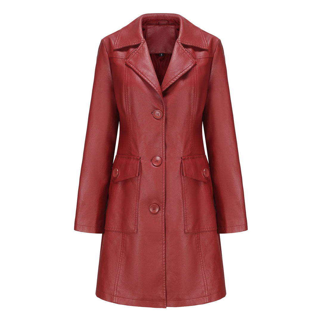 Long Leather Coat Spring Autumn Long Sleeve Leather Wind Coat British Coat Women Collared Single Breasted