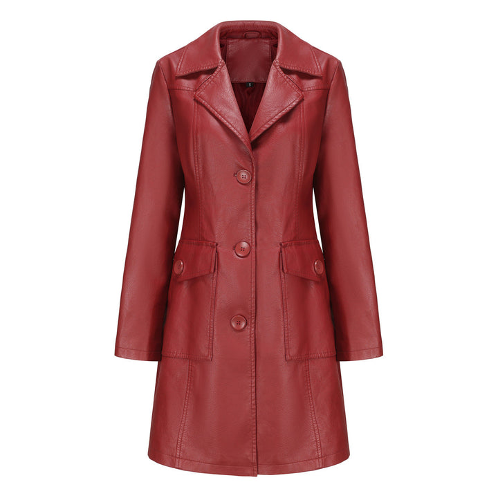 Long Leather Coat Spring Autumn Long Sleeve Leather Wind Coat British Coat Women Collared Single Breasted