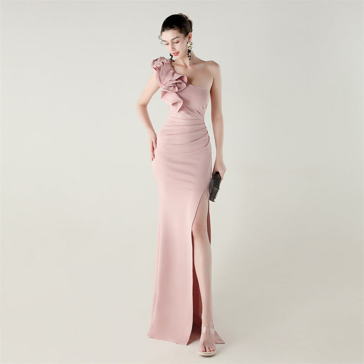 One Shoulder Craft Wave Floral Satin High Slit Sexy Evening Dress Dinner Party Wedding Social