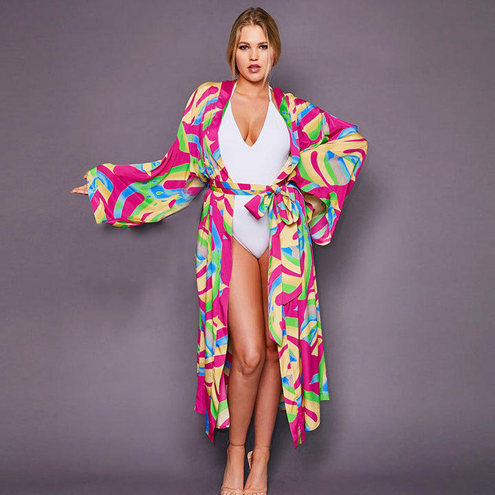 Leopard Print Long Cardigan Loose Beach Sun Protection Coat Beach Cover Up Swimsuit Outwear Women