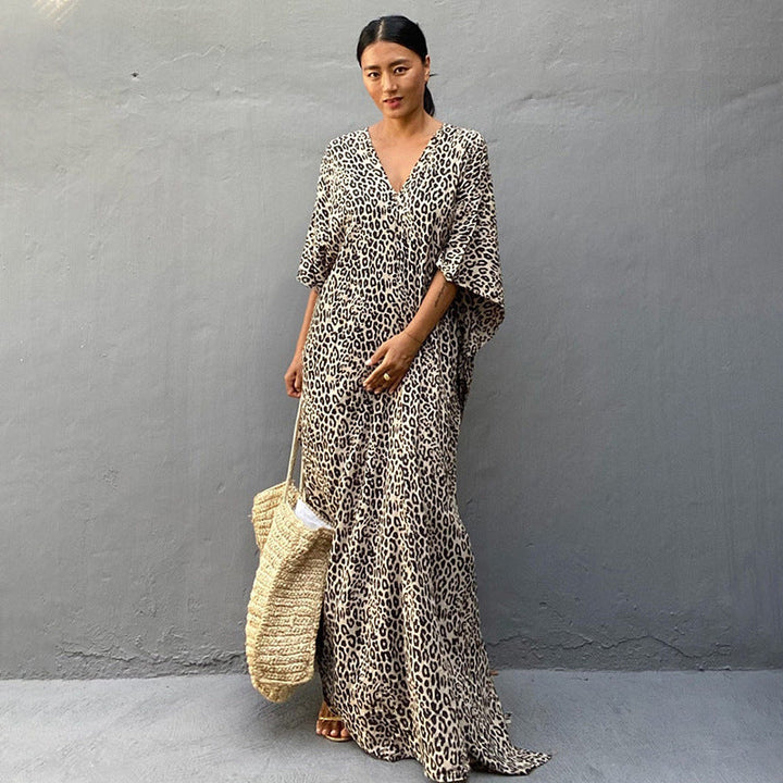 Leopard Print Long Cardigan Loose Beach Sun Protection Coat Beach Cover Up Swimsuit Outwear Women