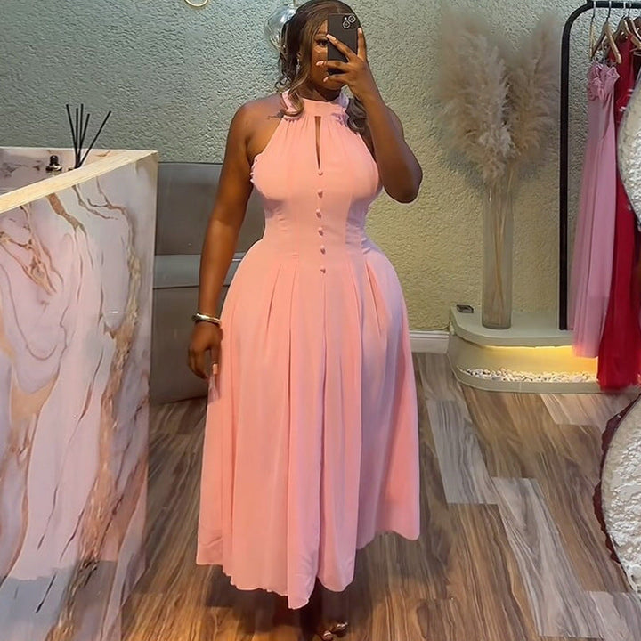 Women Clothing Summer Elegant Halter Sleeveless Waist Slimming Pink Mid Length Dress
