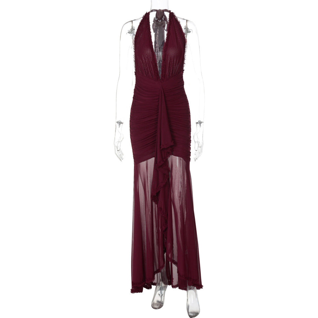 Summer Mesh Stitching Elegant Dress Maxi Dress V neck Halter Backless Sexy Dress Women