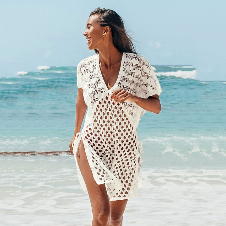 Blouse Women Knitted Hollow Out Cutout out V neck Pullover Short Sleeve Smock Dress Women Breathable