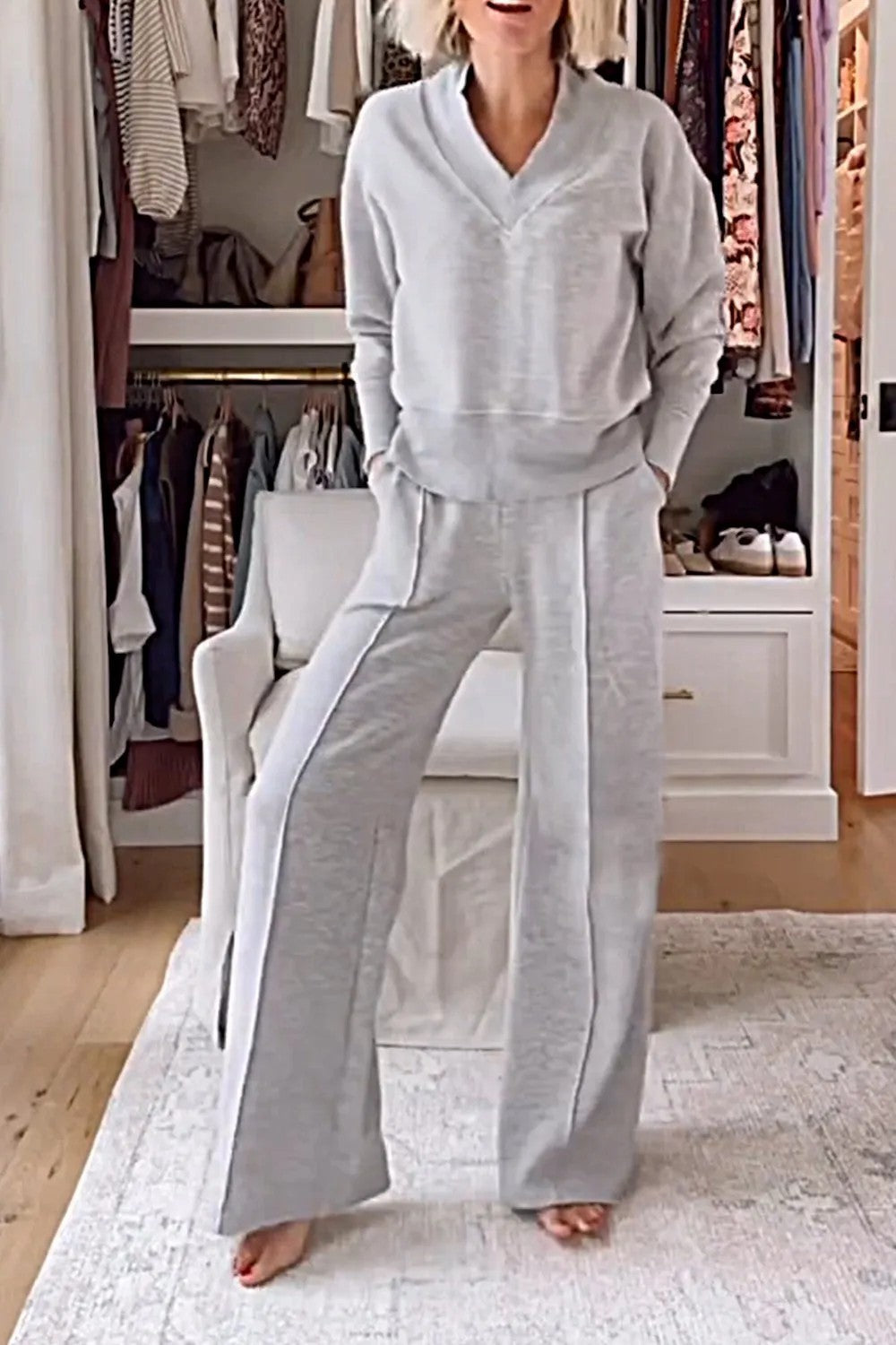 Autumn Casual V neck Long Sleeve Loose Top Wide Leg Pants Two Piece Set