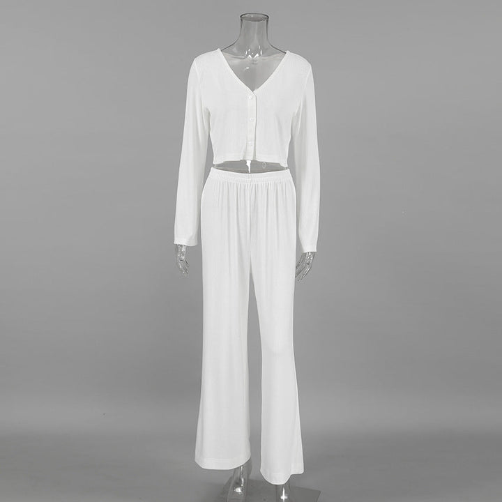 Autumn Winter White Knitted Fabric Jacquard Home Wear Long Sleeves Cropped Trousers Two Piece Soft Pajamas