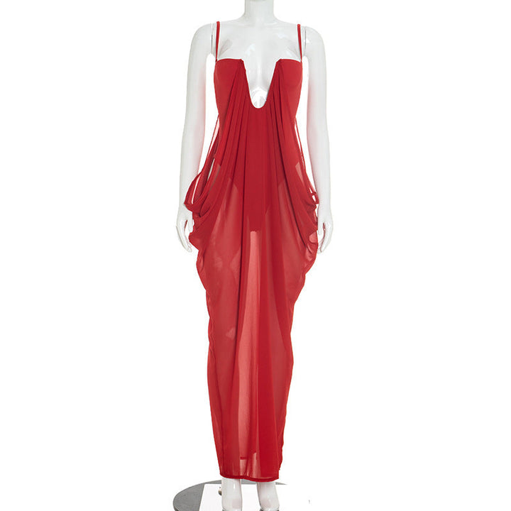 Women Clothing Autumn Solid Color Casual Sleeveless Straps Tulle Stitching Jumpsuit Dress
