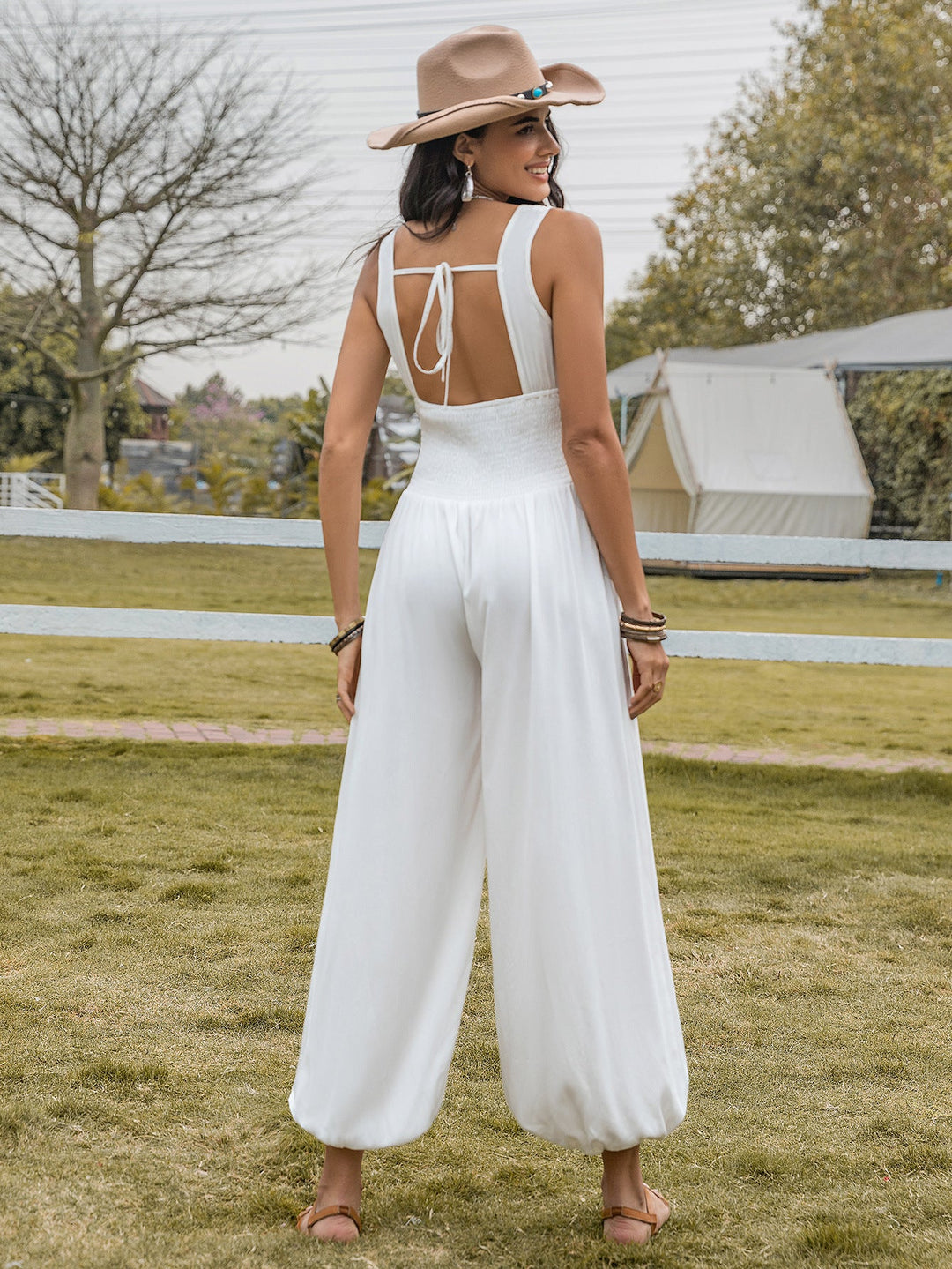 Bell Bottom Pants Drawstring Spaghetti Straps Sleeveless Hollow Out Cutout High Waist Sexy Women Jumpsuits