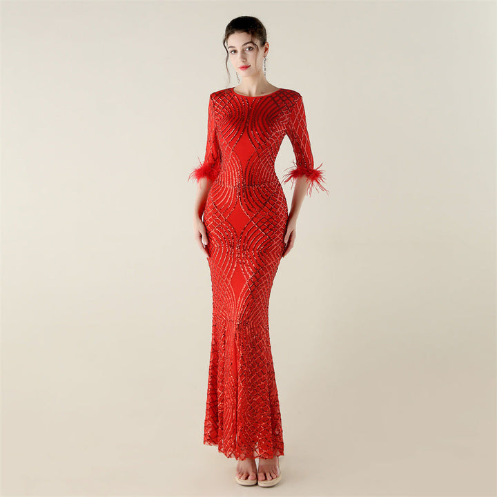 Positioning Floral Sequin Craft Order Ostrich Feather Decorative Evening Dress Long Sleeve Fishtail Cinched Peplum