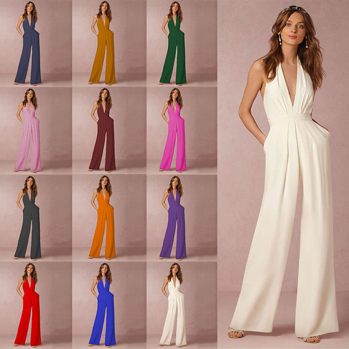 Spring Autumn Creative Women Sexy Sleeveless Halter Pocket Loose Jumpsuit