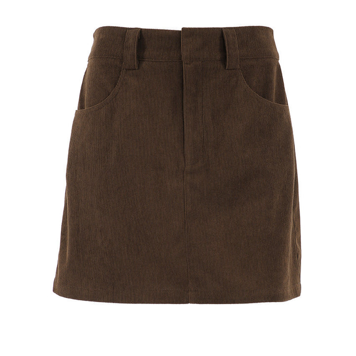 Retro Corduroy Skirt Women Short Autumn High Waist Office All Matching Slimming A line Sheath Skirt（Without Belt）