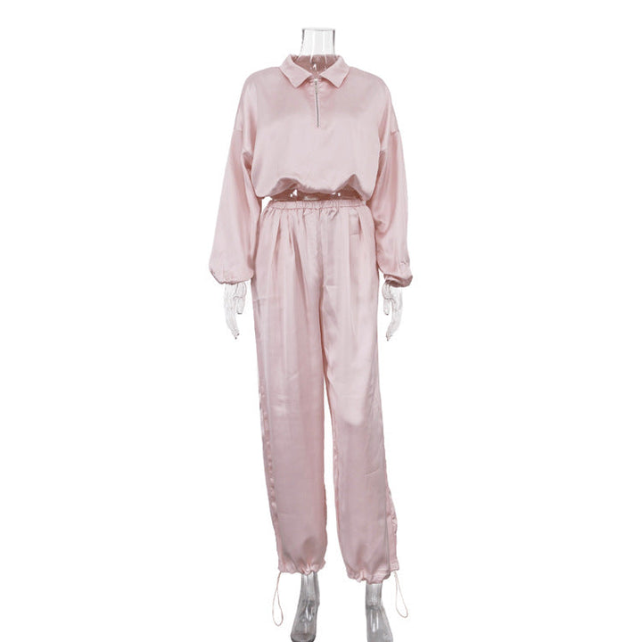 Elegant Women Clothing High Grade Satin Casual Women Long Sleeve Collared Top Ankle Banded Pants Two Piece Sets