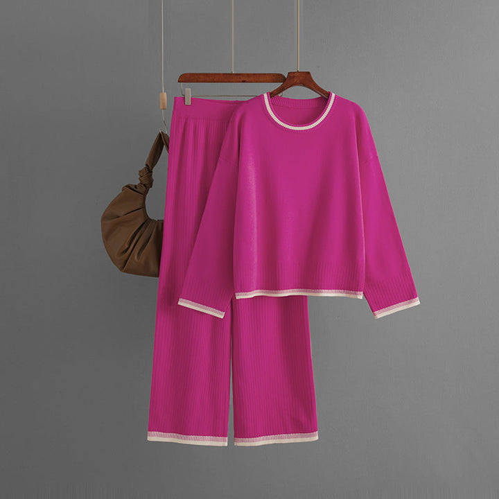 Knit Casual Suit Women Clothing Autumn Winter Contrast Color Long Sleeves Two Piece Set Women