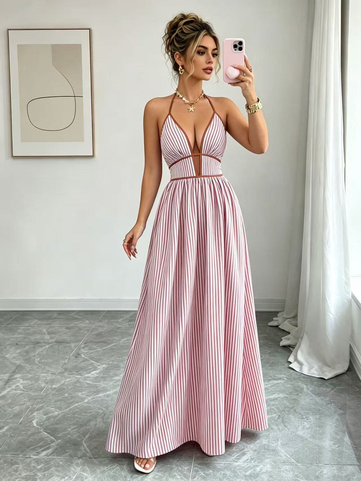 Casual Sleeveless Halter Fitted Waist Striped Color Matching Long Maxi Dress
