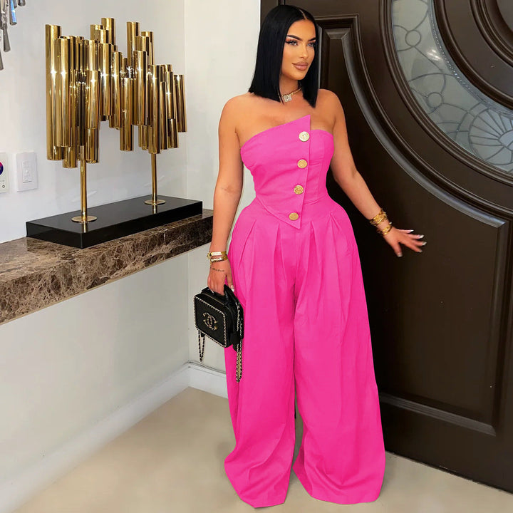 Women Wear Sexy Tube Top Sleeveless Metal Button Wide Leg Jumpsuit
