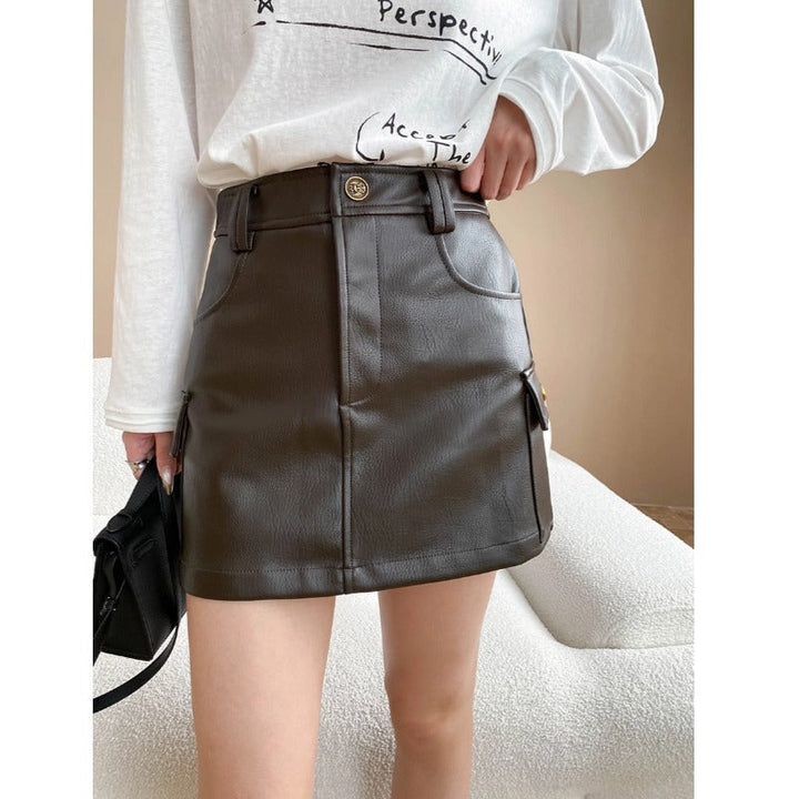 Sinan Early Autumn Retro Workwear Pocket Faux Leather Jacket Coat Skirt Set
