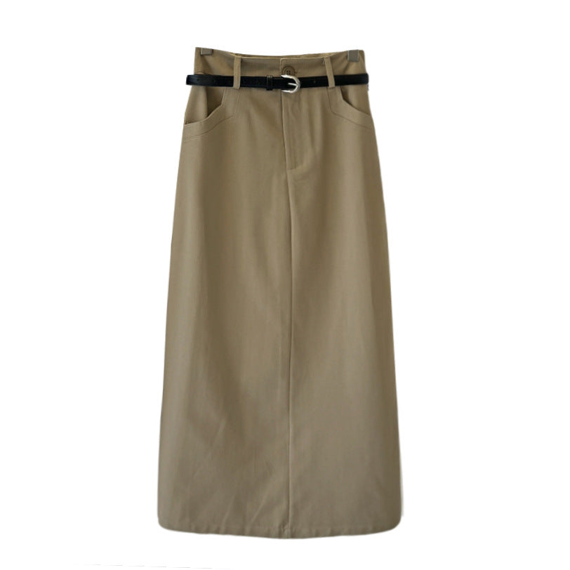 High Quality Simple Casual Split High Waist Skirt Mid Length Straight Dress with Belt