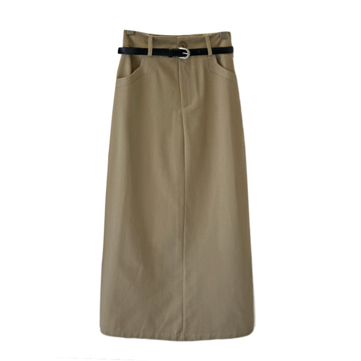 High Quality Simple Casual Split High Waist Skirt Mid Length Straight Dress with Belt