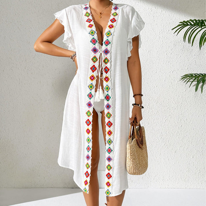 Women Beach Beach Cover Up Women Sun Protection Coat Imitation Hand Crocheting Lace Patchwork Ruffled Lace up Cardigan