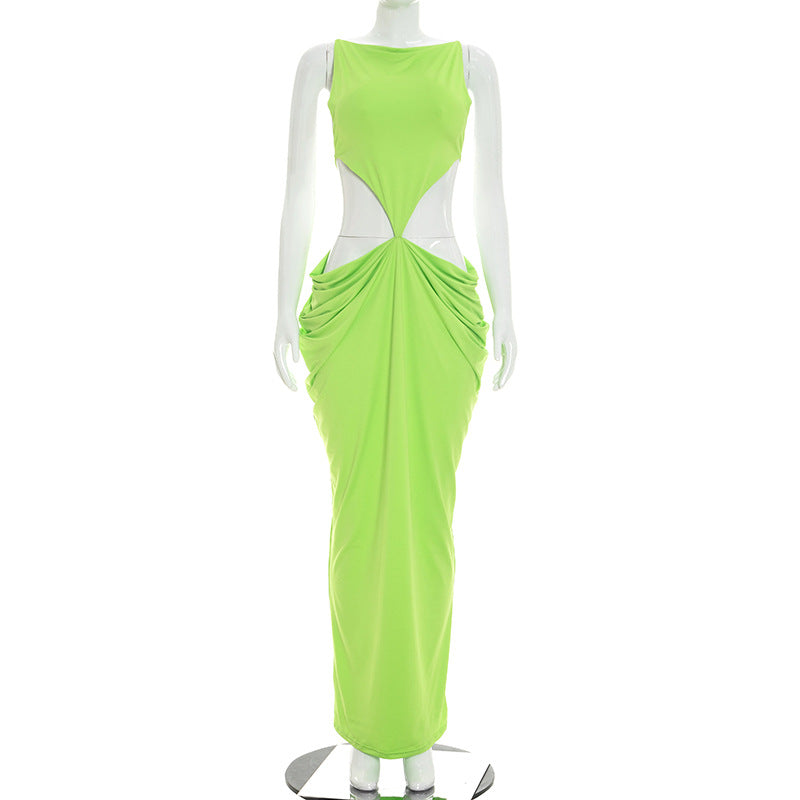 Women Clothing Summer Solid Color Sexy Elegant Sleeveless Sling Bare Back Pleated Slim Dress