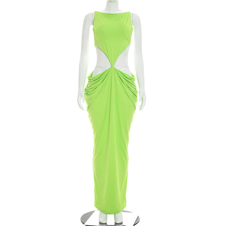 Women Clothing Summer Solid Color Sexy Elegant Sleeveless Sling Bare Back Pleated Slim Dress
