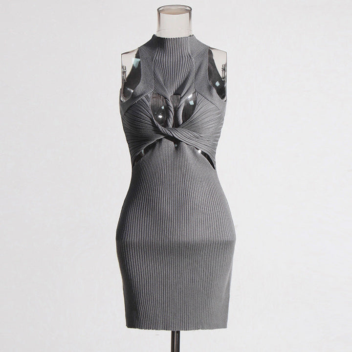 Sexy Sleeveless Elegant Design Hollow Out Cutout Twist Slim Fit Slimming Knitted Dress Women