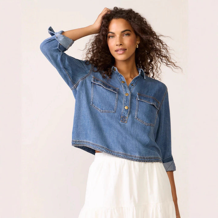 Women Clothing Casual Polo Collar V neck Pullover Denim Shirt