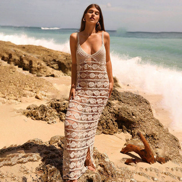 Sleeveless Hollow Out Cutout Knitted Beach Dress Bikini Smock Dress Sun Protection Seaside Beach Dress
