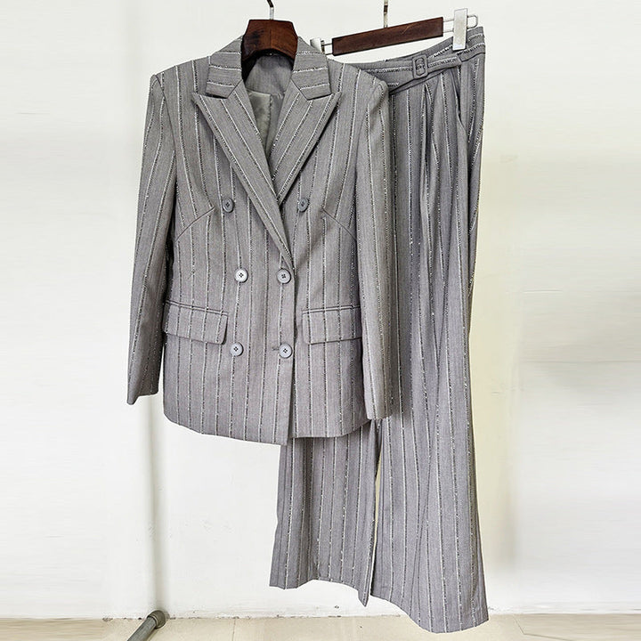 Spring Advanced Gray Heavy Embroidery Drilling Double Breasted Work Pant Two Piece Set