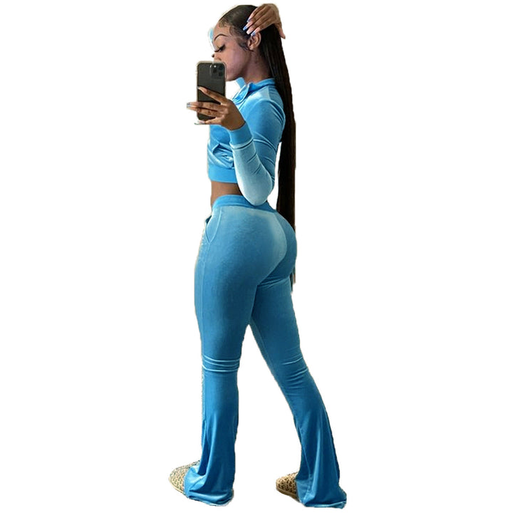 Women Clothing Two-Piece Korean Velvet Solid Color Long Sleeve Sexy cropped Casual Sports Suit