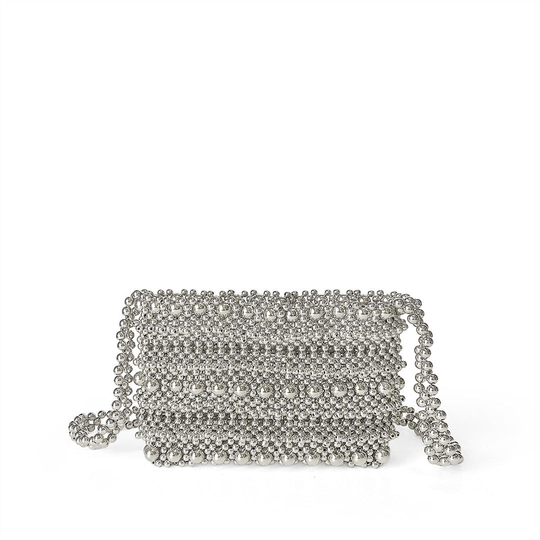 Handmade Beaded Bag Silver Bag Pearl Vegetable Basket Casual Weaving Messenger Bag Hollow Out Cutout