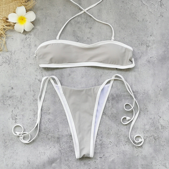 Halter Strap Solid Color Tube Top Low Waist Bikini Sexy Backless Briefs Split Swimsuit Women