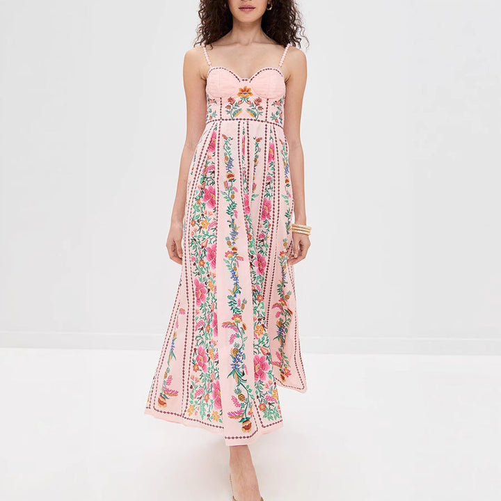 Spring Summer Suspender Positioning Printing Dress Vacation Loose Linen Dress