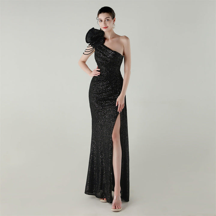 Craft Floral Beaded One Shoulder Diagonal Collar Fishtail Evening Dress Dinner Wedding Awards Ceremony Social Dress