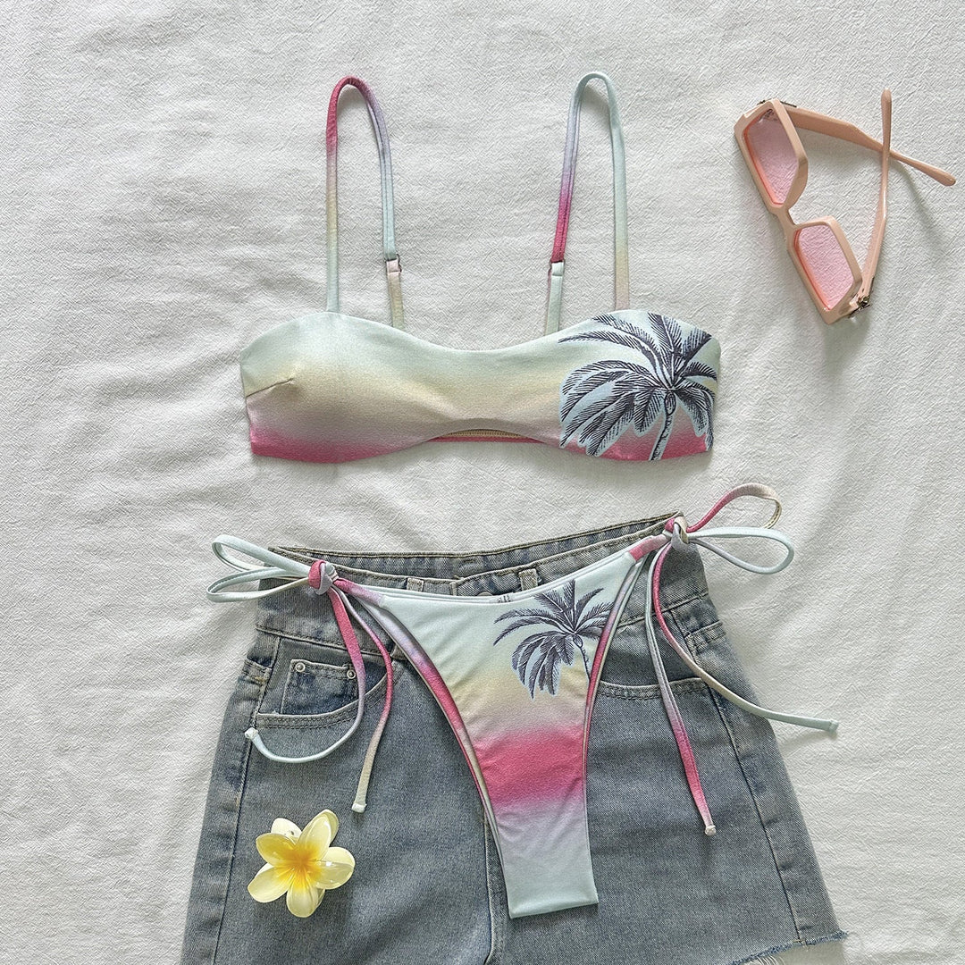 Gradient Light Coconut Tree Split Strap Swimwear Swimsuit Bikini